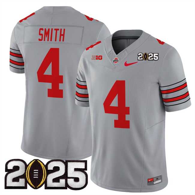Mens Ohio State Buckeyes #4 Jeremiah Smith Grey 2025 CFP Final Patch F.U.S.E. Vapor Limited Stitched Football Jersey->ohio state buckeyes->NCAA Jersey
